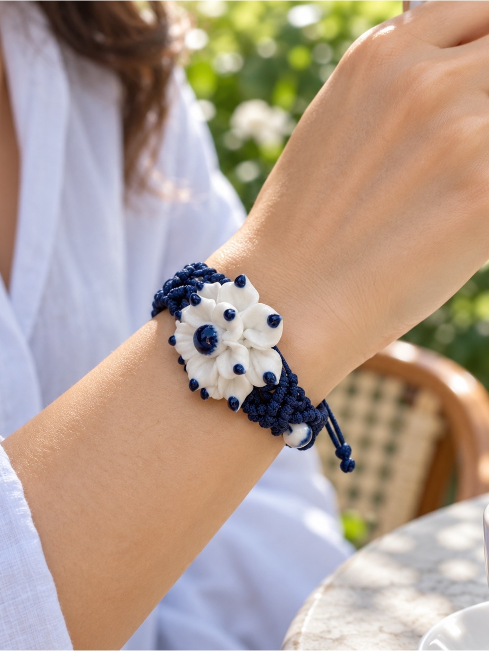 Adjustable Macramé Bracelet with Large Porcelain Flower – Boho Jewelry